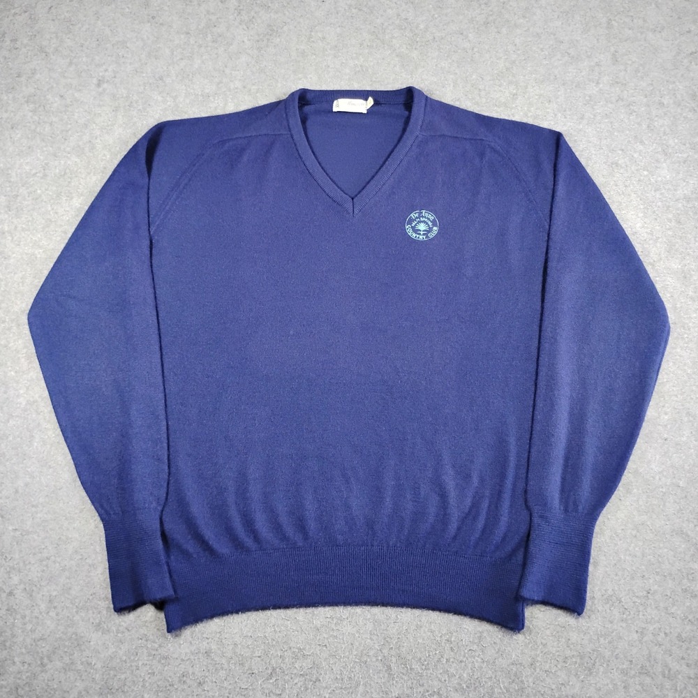 Vintage Almorett Mens XL V-Neck Sweater Navy Blue De Anza Country Club USA